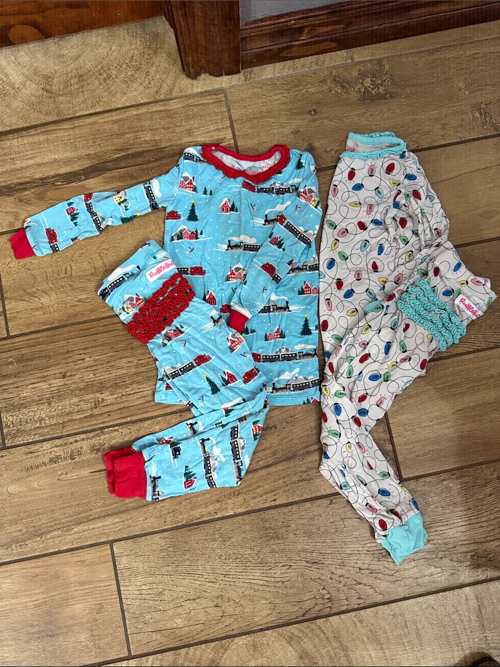 Ruffle Butts Light Blue & Cream Holiday Train and String Lights Pajama Set